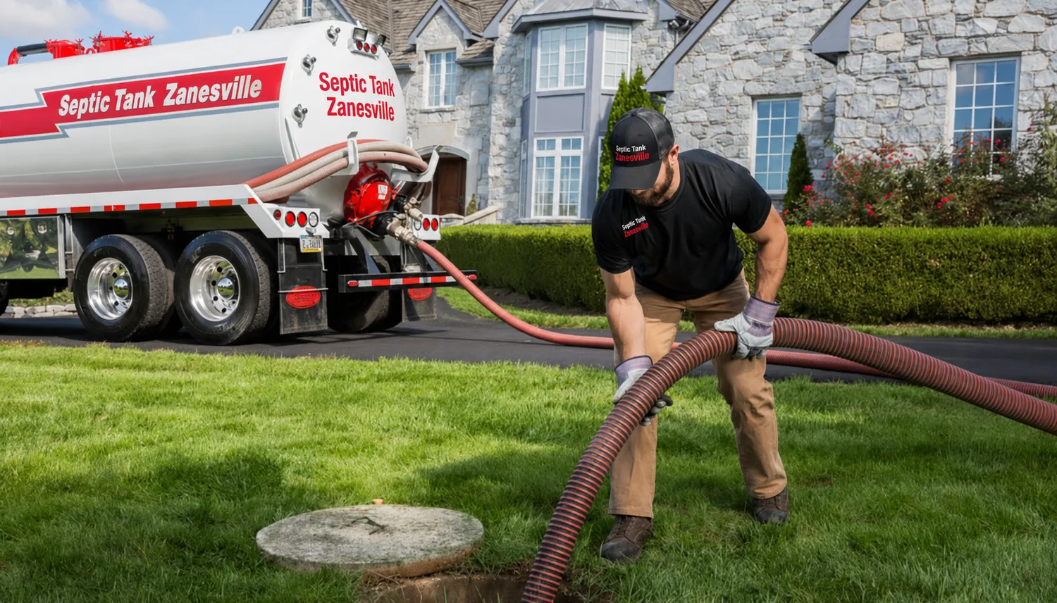 Septic Tank Zanesville technician servicing a residential septic system with a vacuum truck.