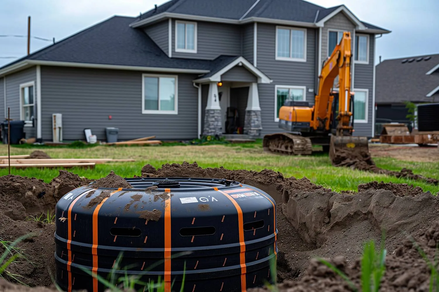 New septic tank being installed in an excavated residential yard near Zanesville.